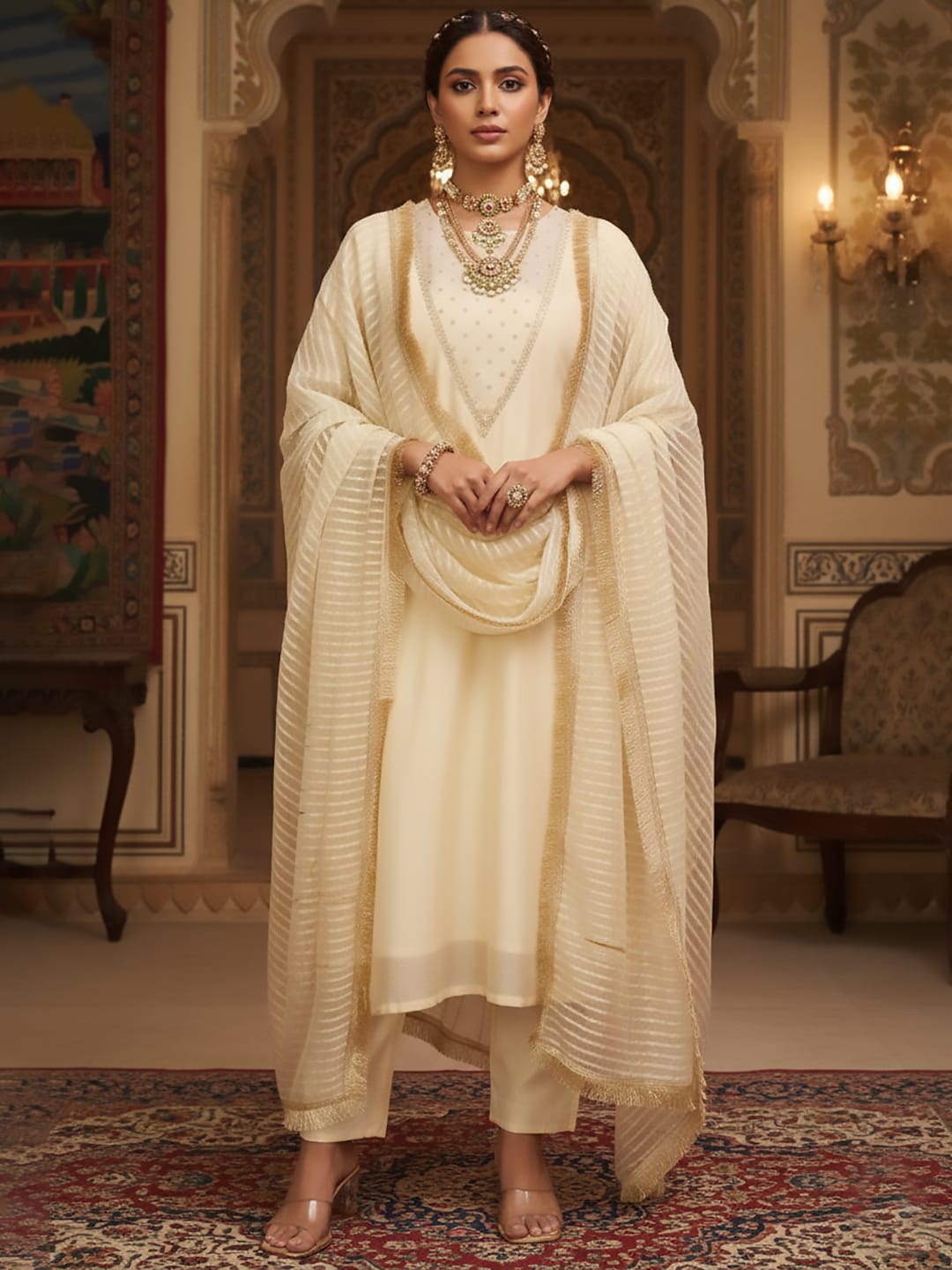 The Kurti Collection Women Zari Embroidered And Sequence Embellished With Organza Detailed Kurta With Bottom And Dupatta
