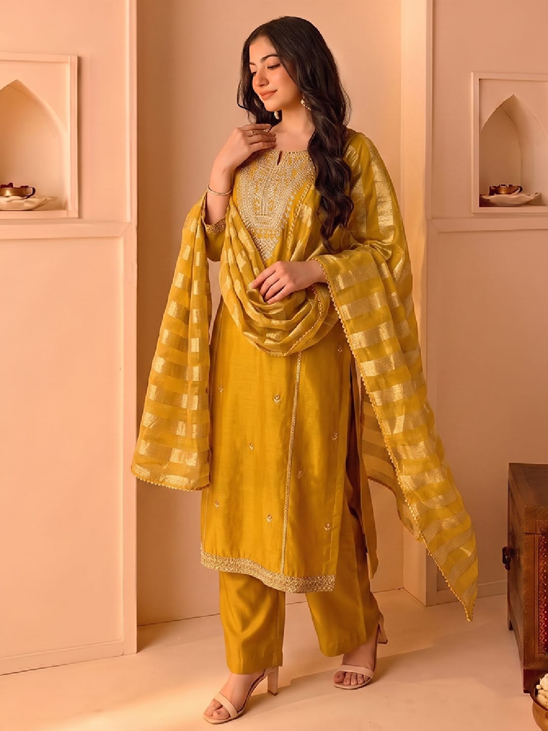 Mustard Embroidered Kurta Set, Paired With A Shiny Striped Dupatta