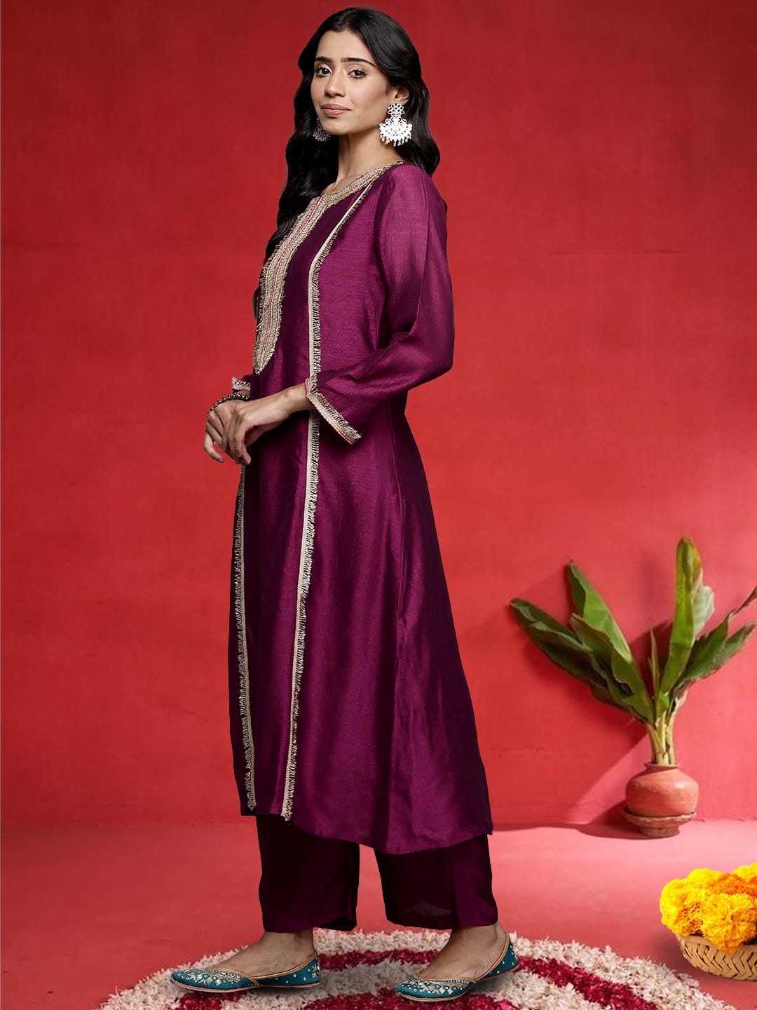 The Kurti Collection Women Wine Zari Lace Embellished Anarkali Kurta With Trousers And Tissue Dupatta.