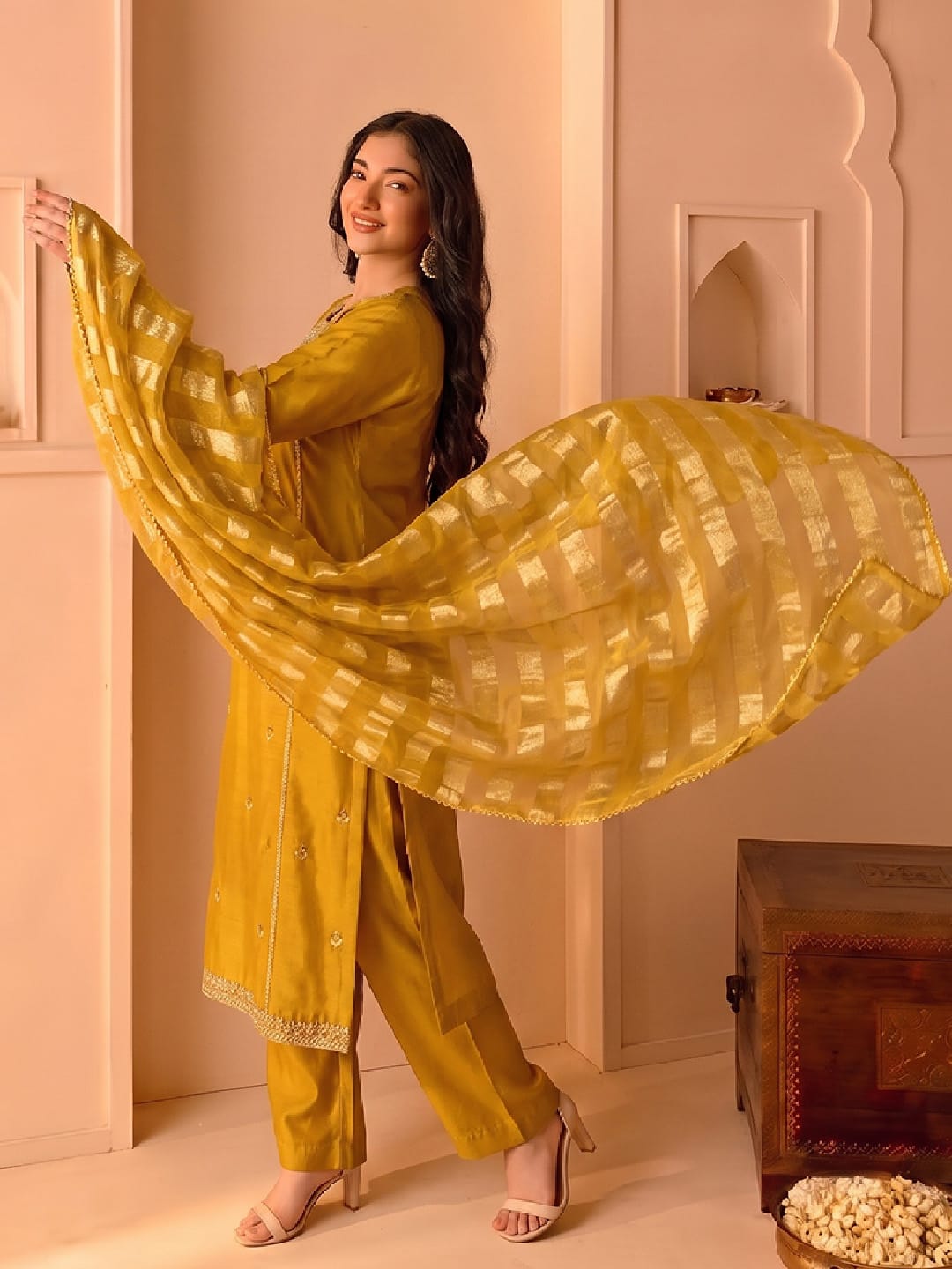 Mustard Embroidered Kurta Set, Paired With A Shiny Striped Dupatta