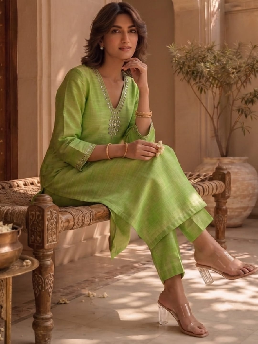 Women's Metallic Lime Green Straight-Fit Kurta Set With Mirror Accents