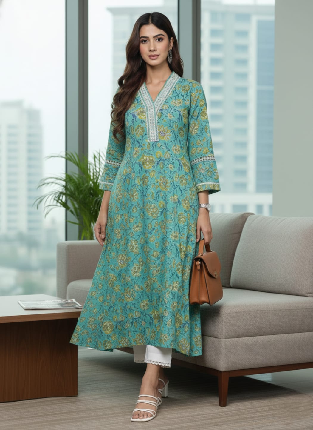 The Kurti Collection Women Sea Green Floral Printed V- Neck Stright Kurta