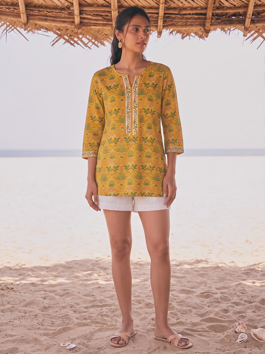Mustard Yellow Botanical Print Notch-Neck Short Kurta