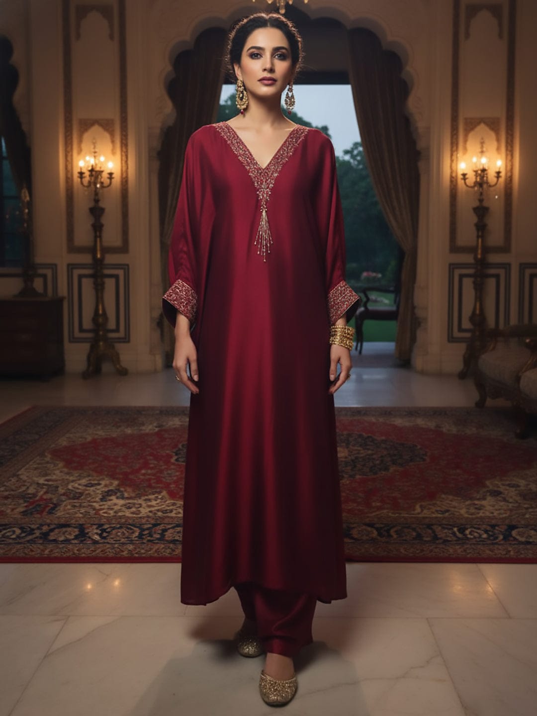 Zari Embroidered Neck Flared Kaftan with Trouser