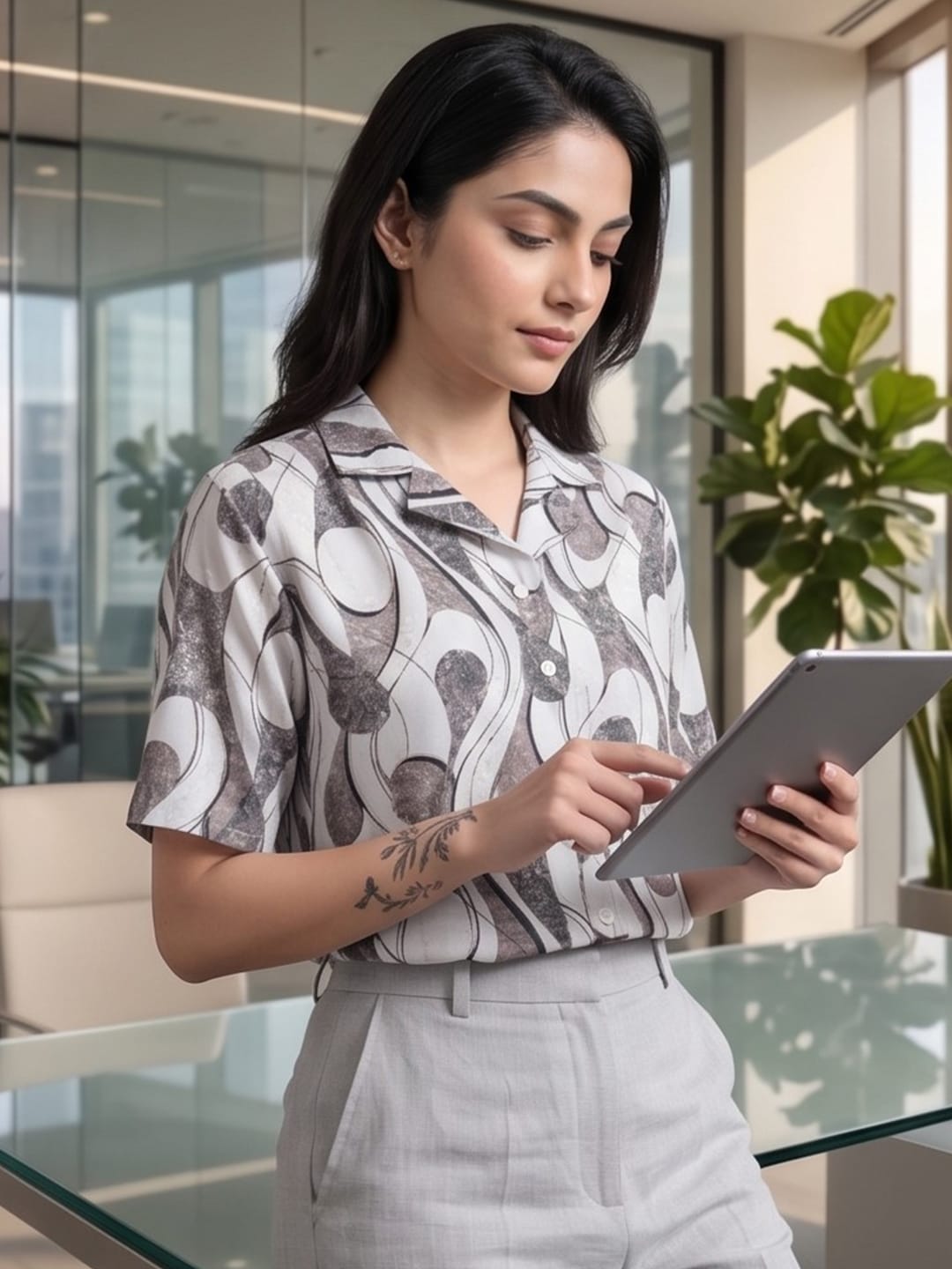 Grey Coloured Short Sleeves Shirt Collar Top