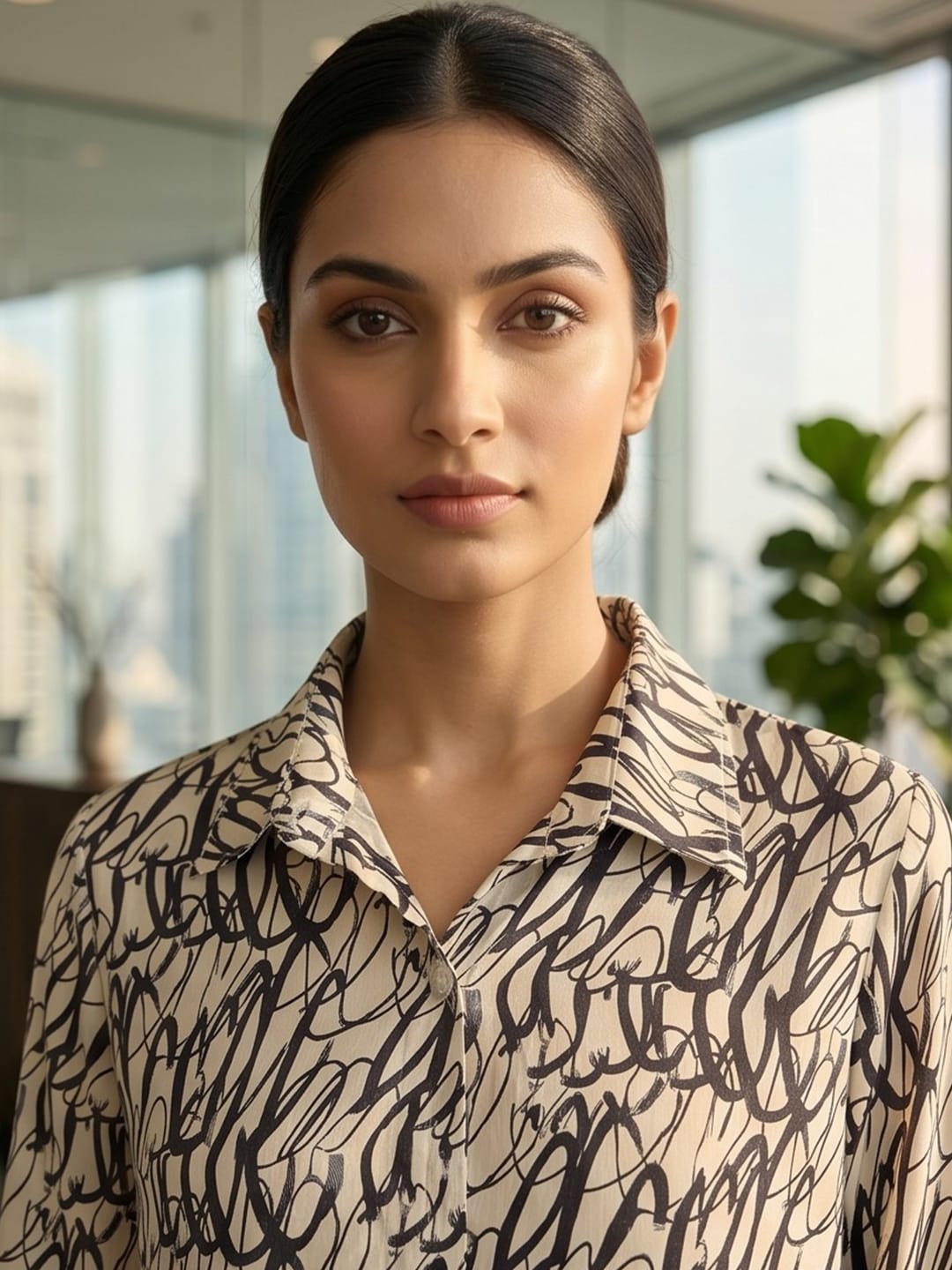 Cream Coloured Slim Collar Long Sleeves Abstract Shirt