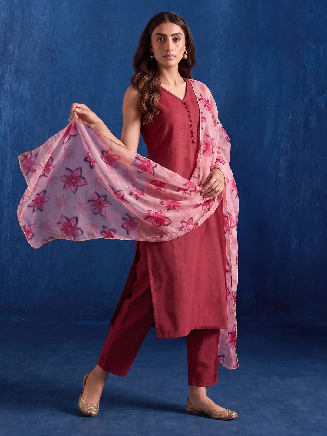 The Crimson Wine Floral Organza Women's Kurta Set