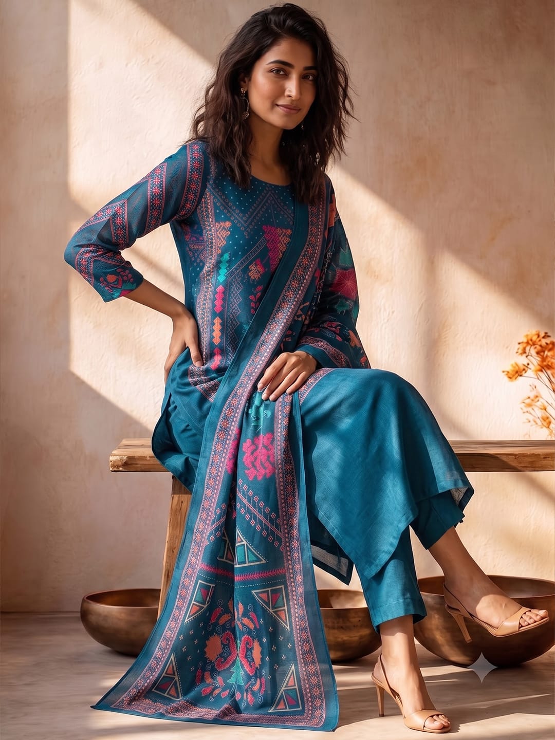 Kurta Set Featuring Artistic Prints And A Statement Dupatta