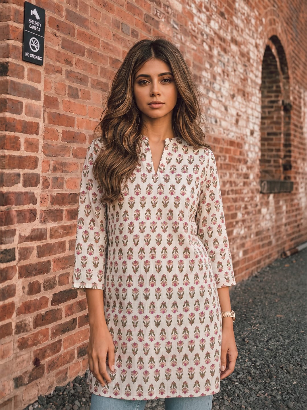 Women's Off-White Floral Block Print Tunic Top