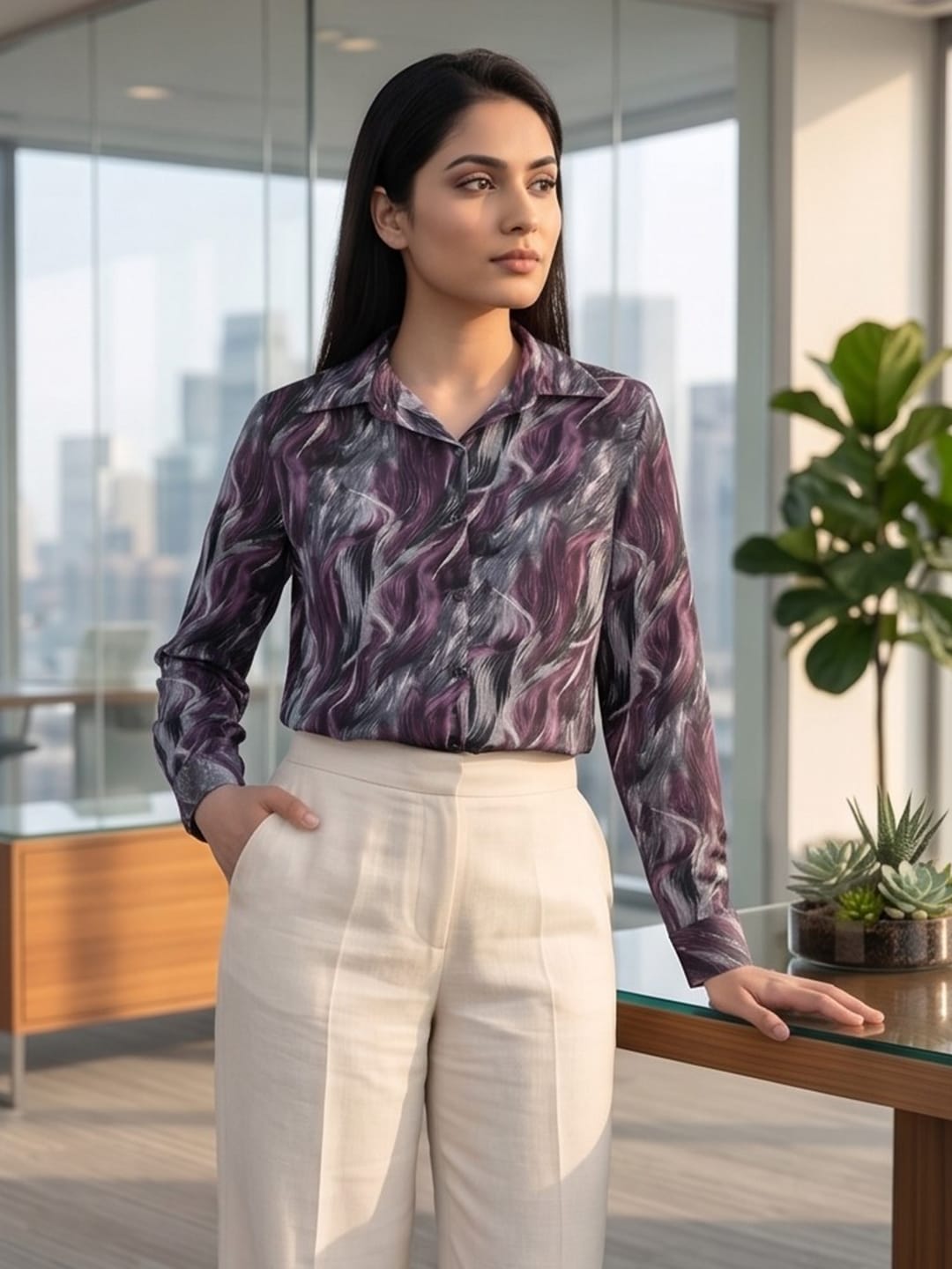Purple Coloured Slim Collar Long Sleeves Abstract Shirt