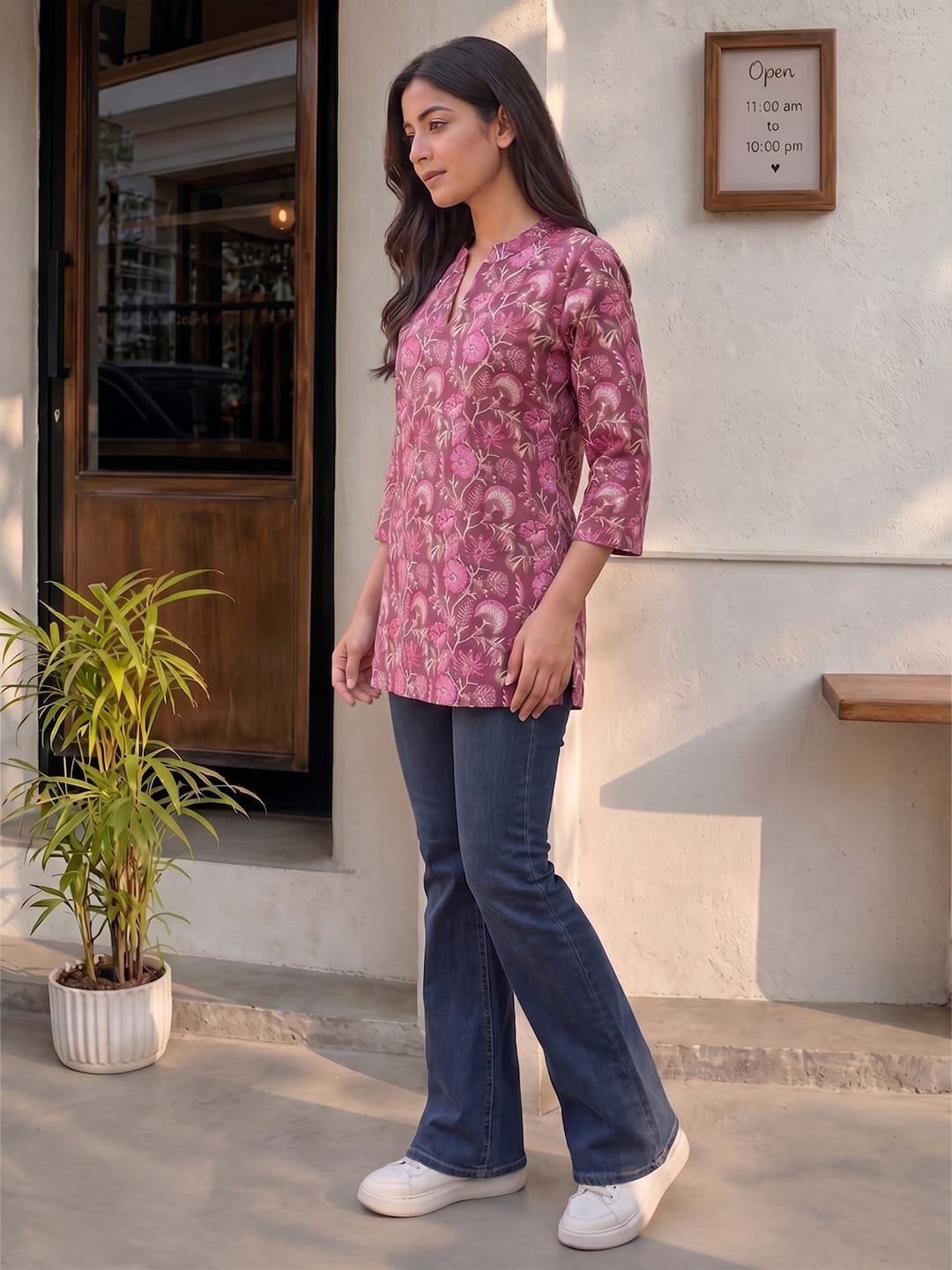 Women's Magenta Floral Block Print Cotton Short Kurti Top
