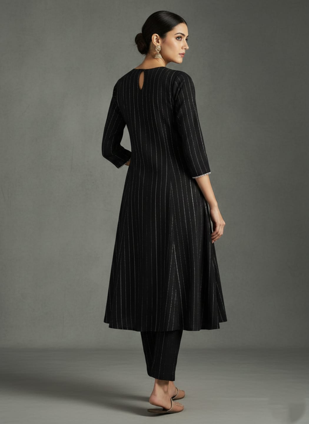 The Kurti Collection Women Black Lurex Crepe Anarkali Kurta With Trousers.