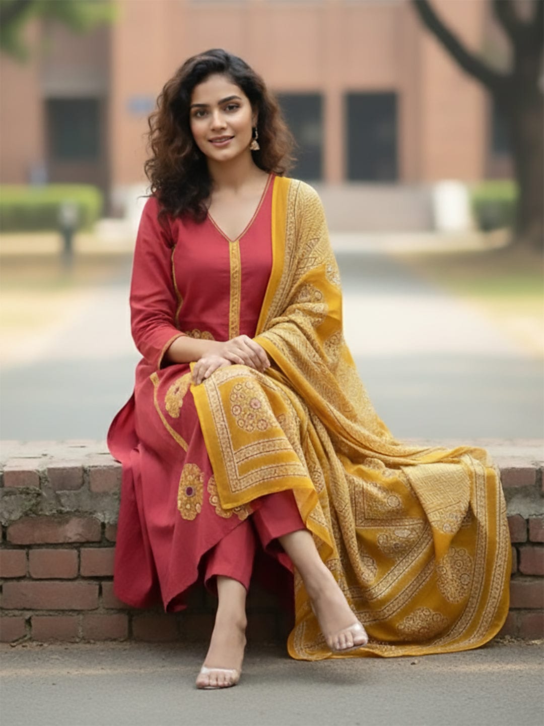 Rust Anarkali kurta set featuring multicolour buta prints, embroidered V-neck and sleeves, paired with solid straight-fit trousers and a tasselled dupatta.