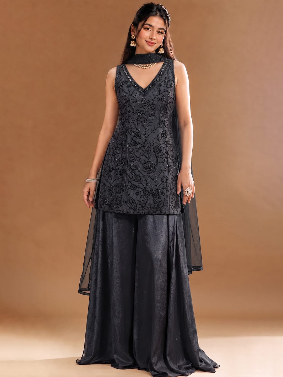 Women's Embroidered Shimmer Short Kurta With Palazzo And Dupatta
