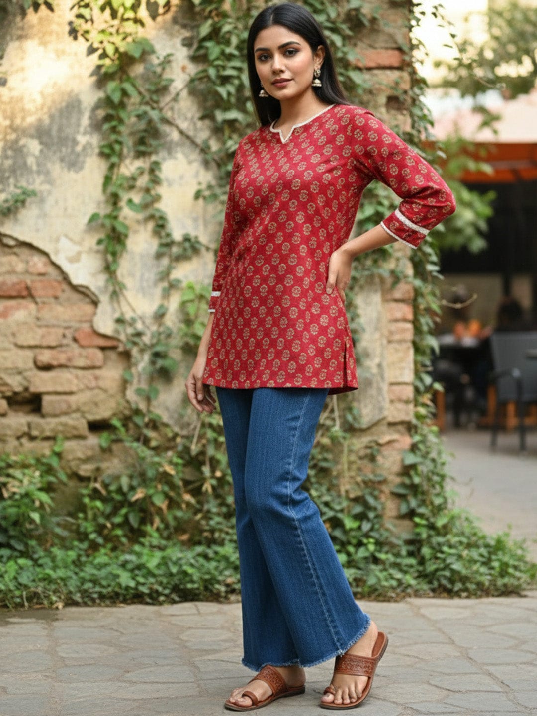 The Kurti Collection Ethnic Maroon Paisley Top with Notched V-Neckline
