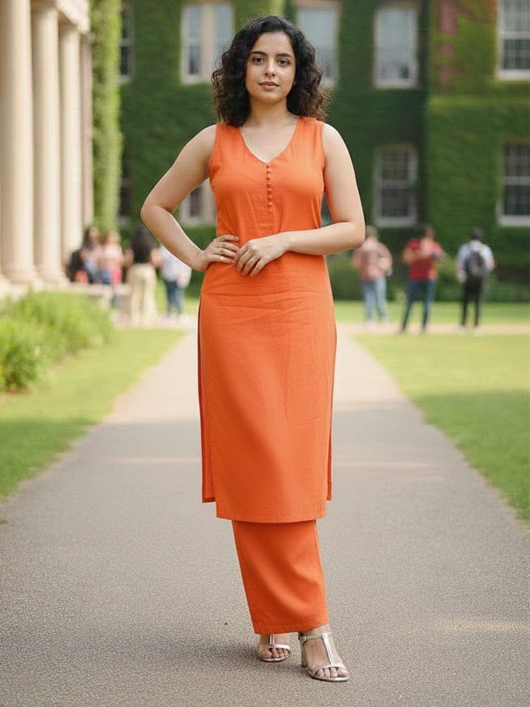 Sleeveless Orange Kurta with Floral Dupatta and Pants