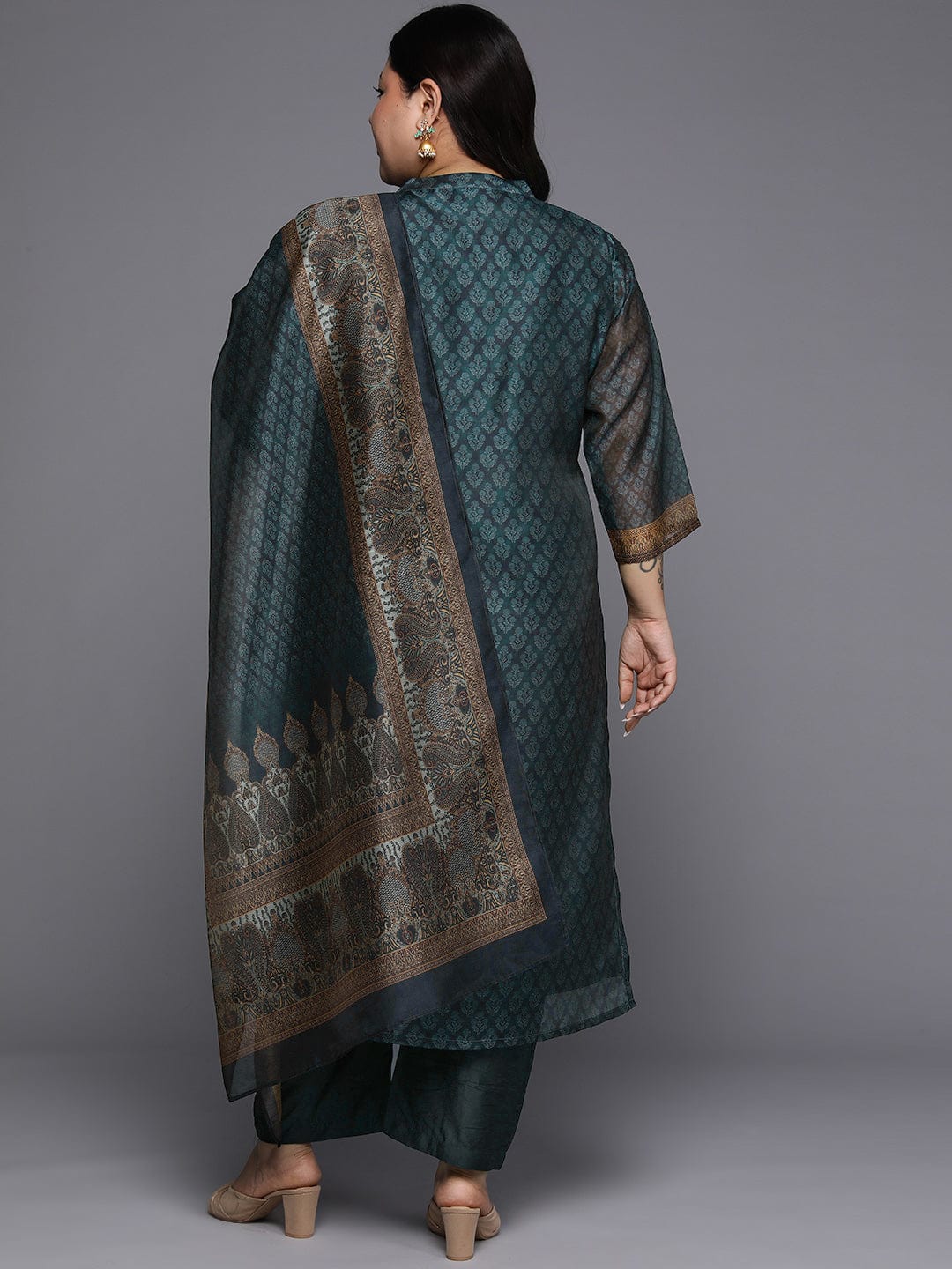 The Kurti Collection Plus Size Ethnic Motifs Printed Chanderi Silk Kurta With Trousers Dupatta