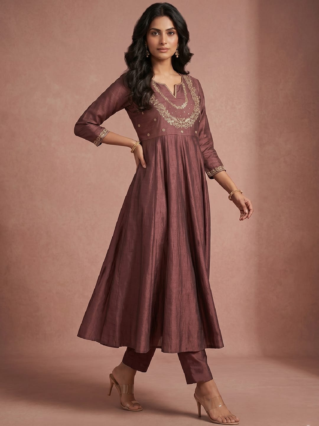 Women's Vintage Gilded Mauve Anarkali Set