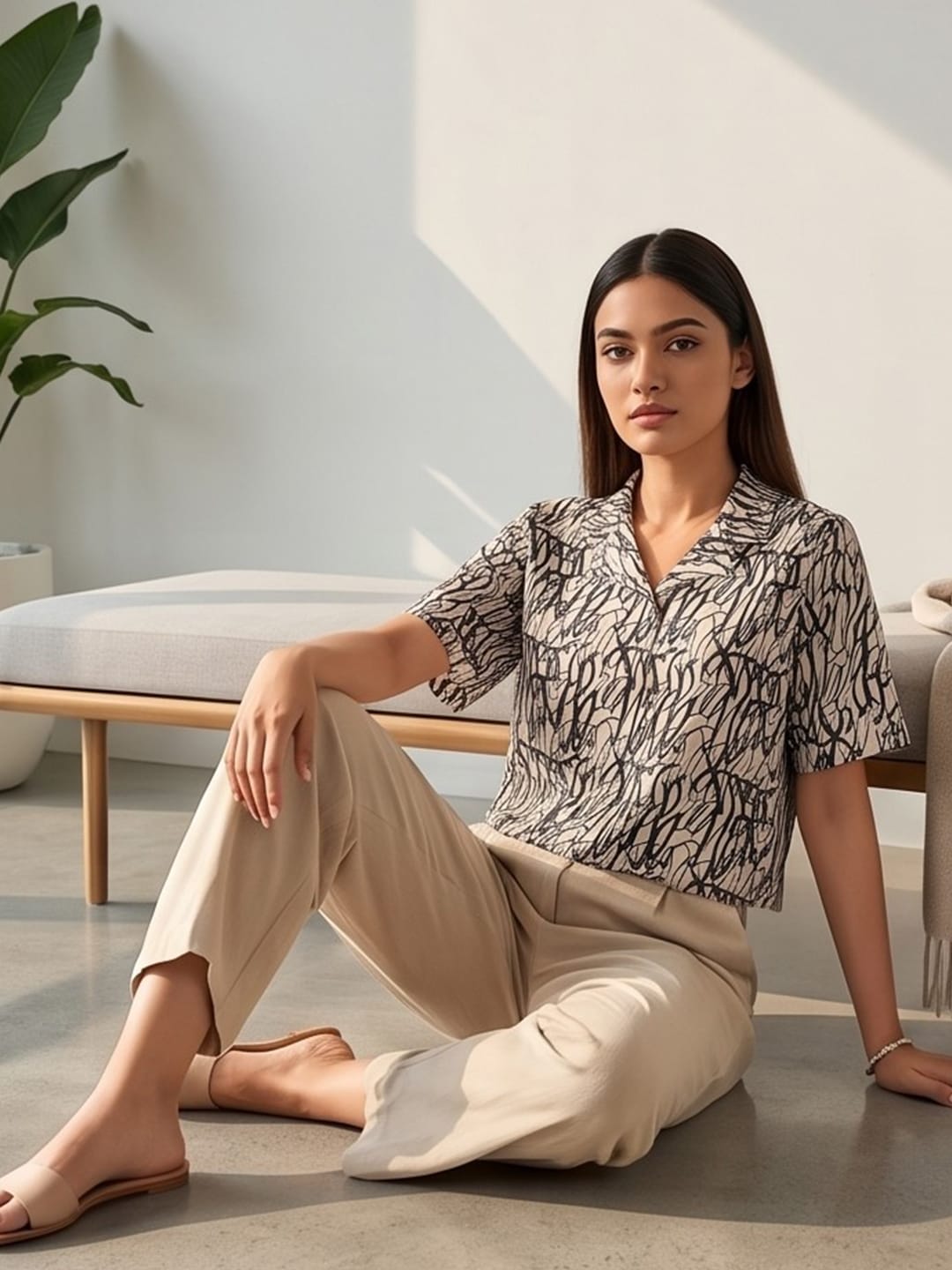 Beige Coloured Short Sleeves Shirt Collar Top