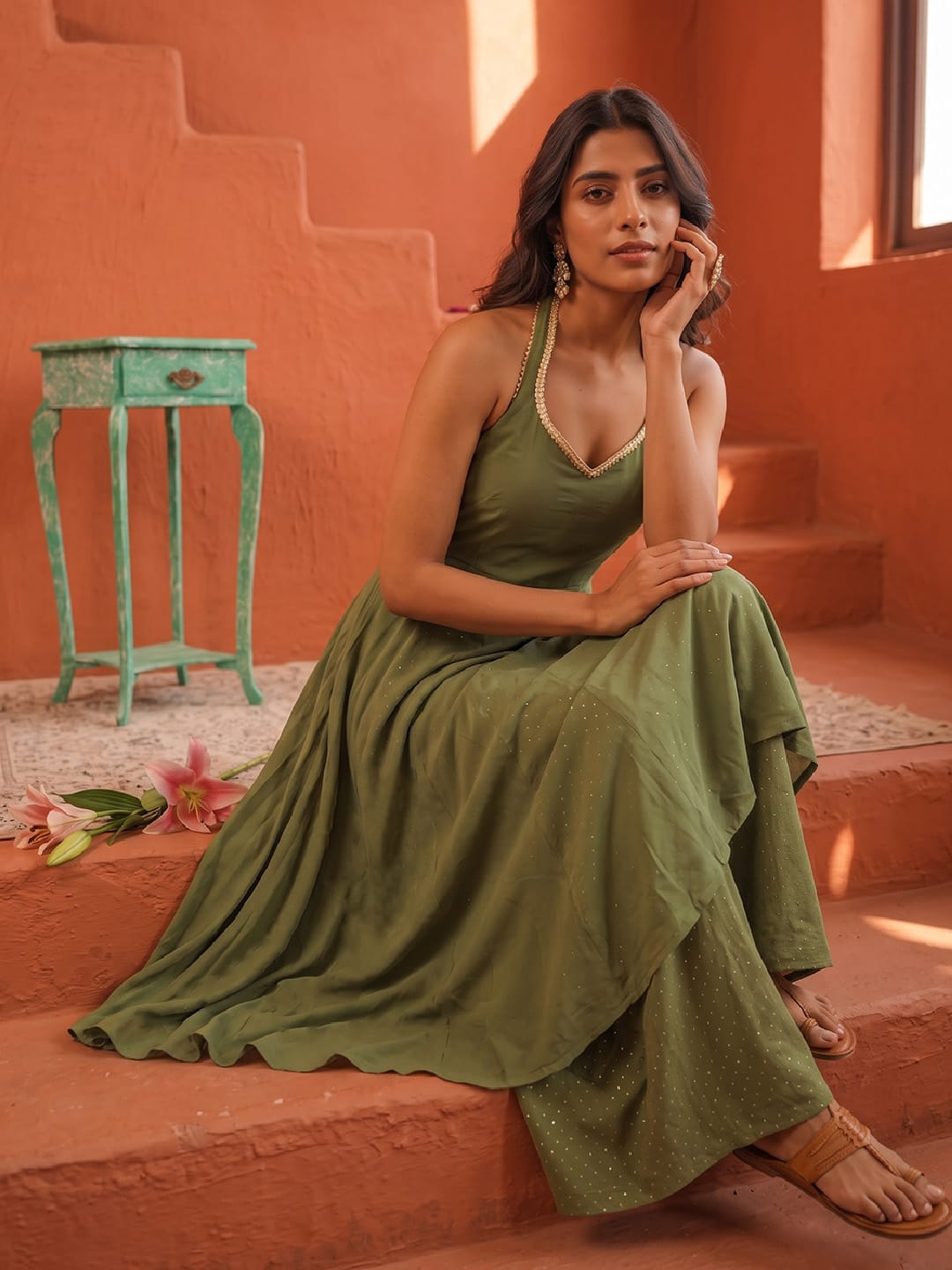 Olive Green Foil-Dot Anarkali Co-Ord Set