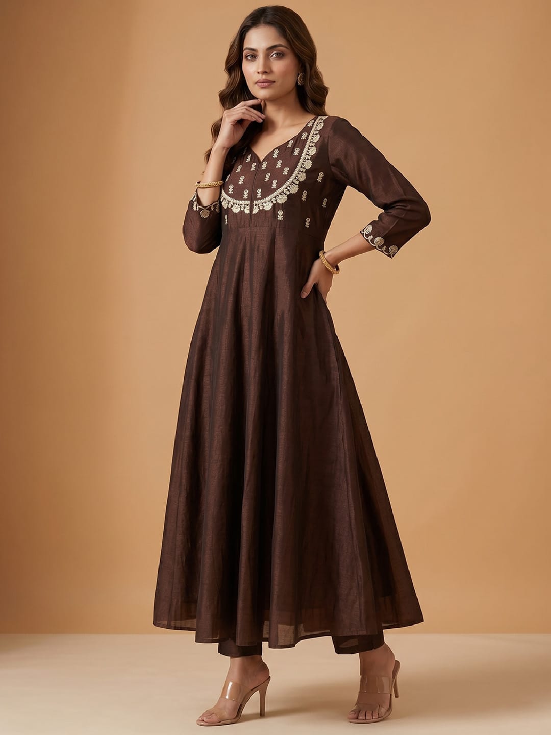 Women's Mocha Elegance Embroidered Anarkali Set