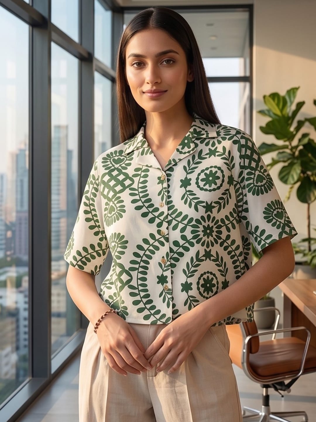 Green Coloured Short Sleeves Shirt Collar Top