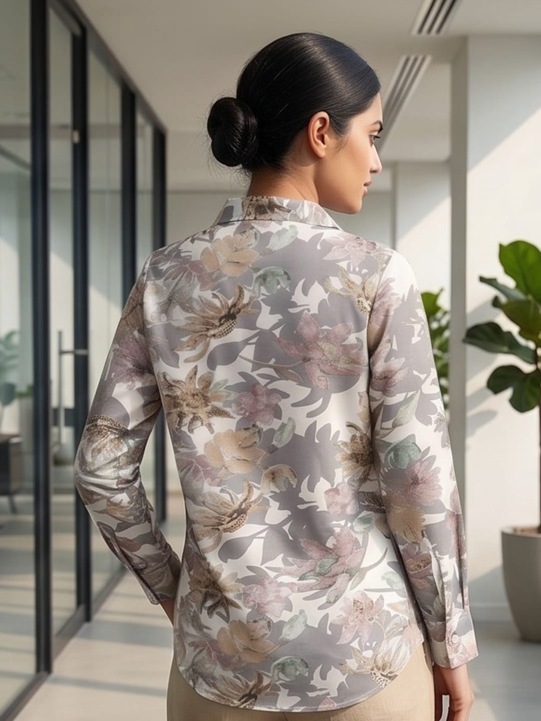 White Coloured Slim Collar Long Sleeves Floral Shirt