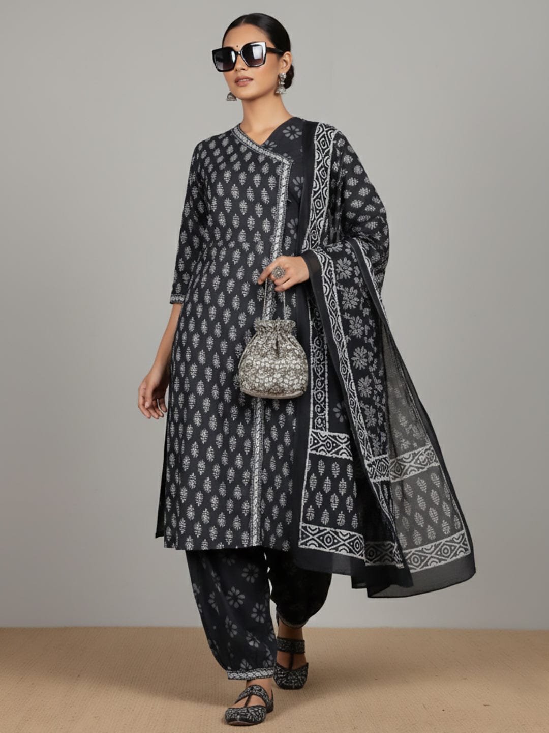 The Kurti Collection Women Ethnic Jaipuri Printed Angrakha Wih Salwar & Dupatta
