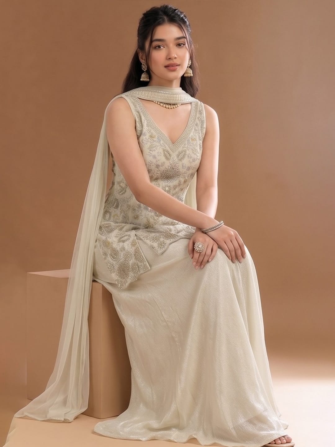 Women's Beads Embroidered Shimmer Short Kurta With Palazzo And Dupatta