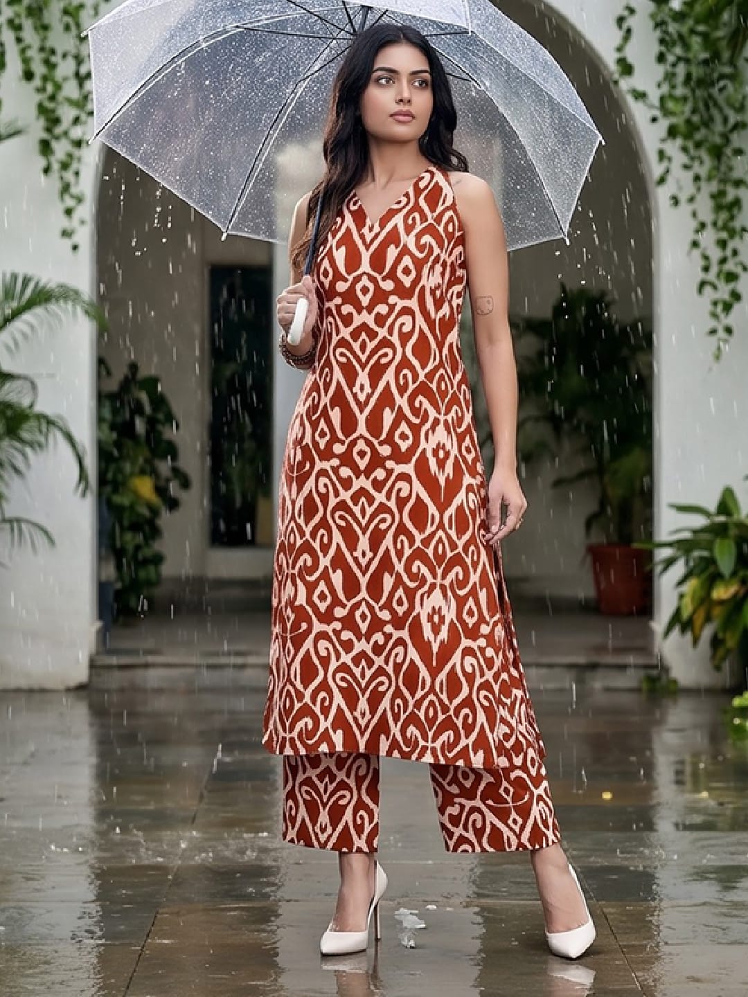 The Kurti Collection Women Red Ikat Printed Straight Kurta With Palazzo