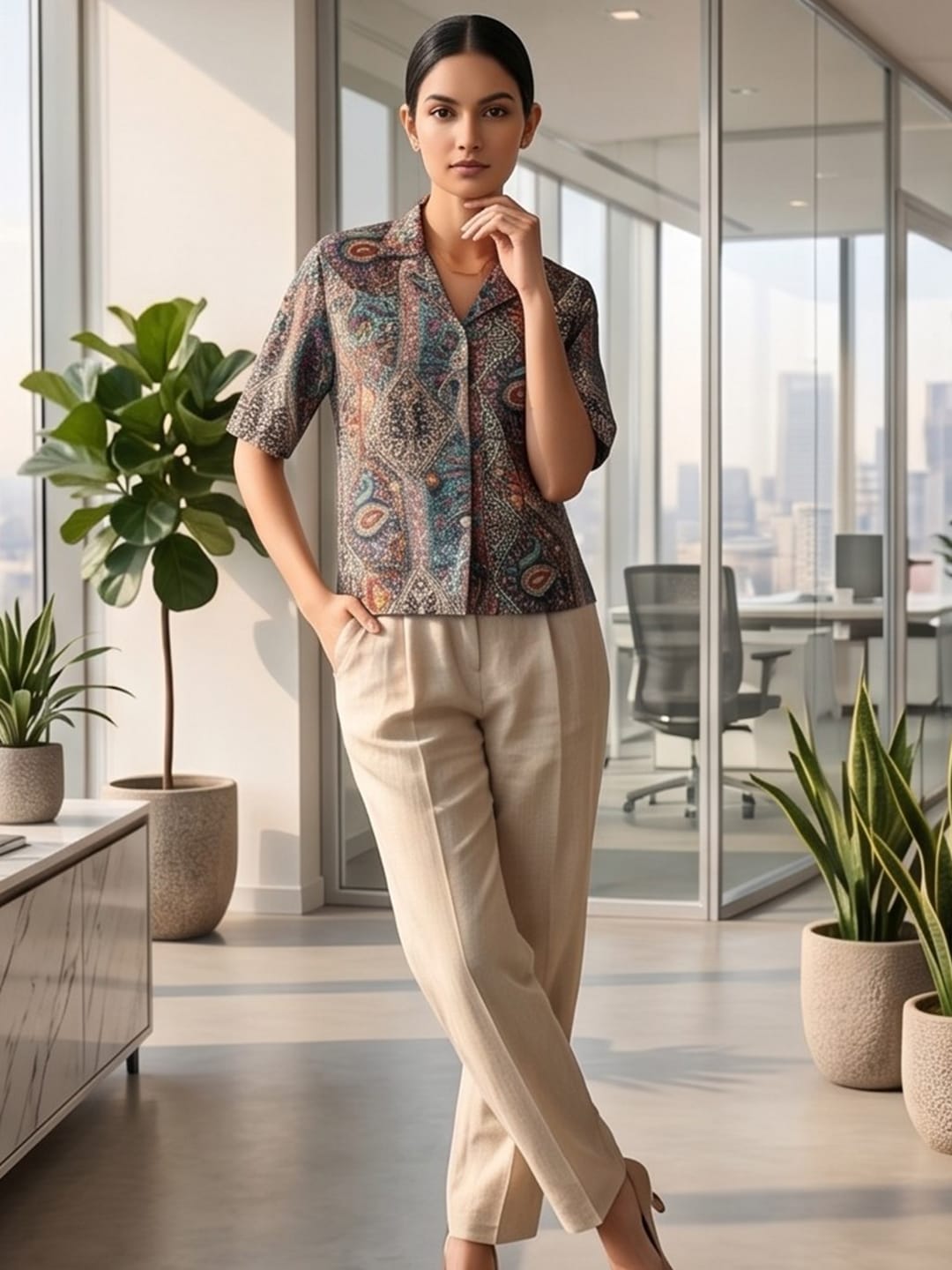 Multi Coloured Short Sleeves Shirt Collar Top