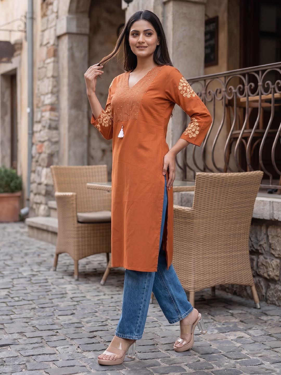 Rust Straight Kurta with Embroidered Yoke
