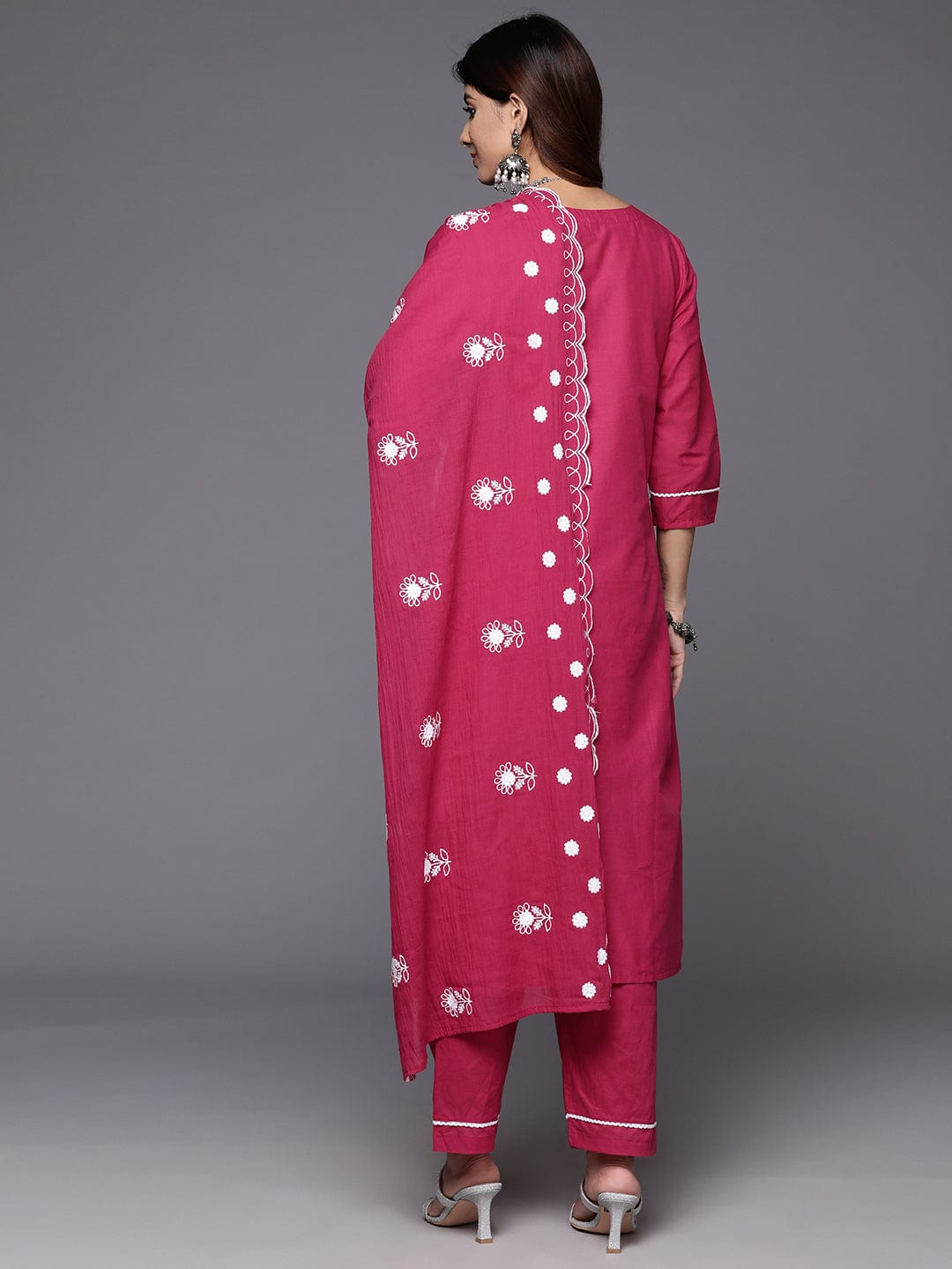 The Kurti Collection Floral Embroidered Thread Work Pure Cotton Kurta with Trousers & Dupatta