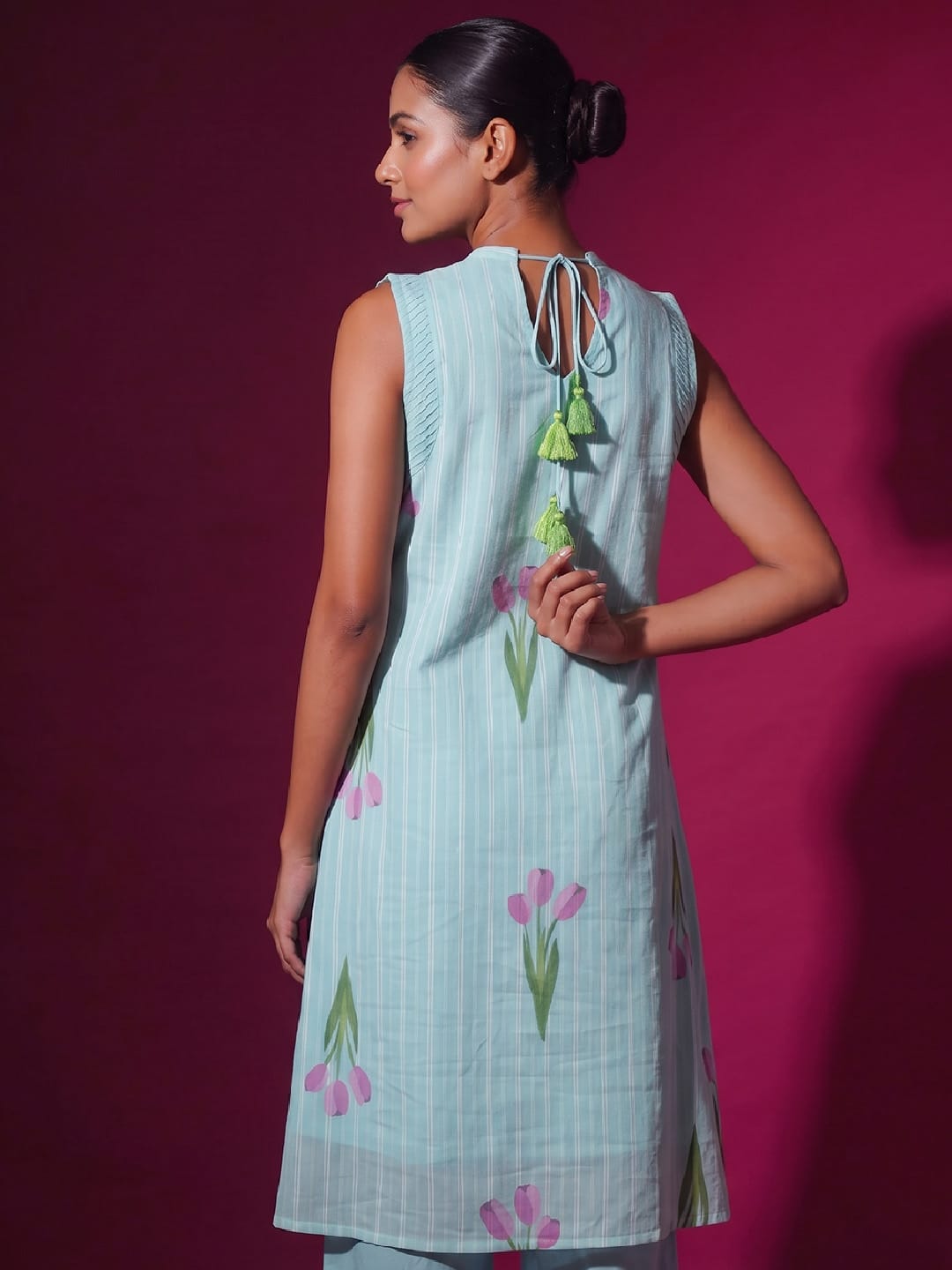 Sky Blue Tulip Print Halter Neck Kurta Set With Wide-Leg Trousers