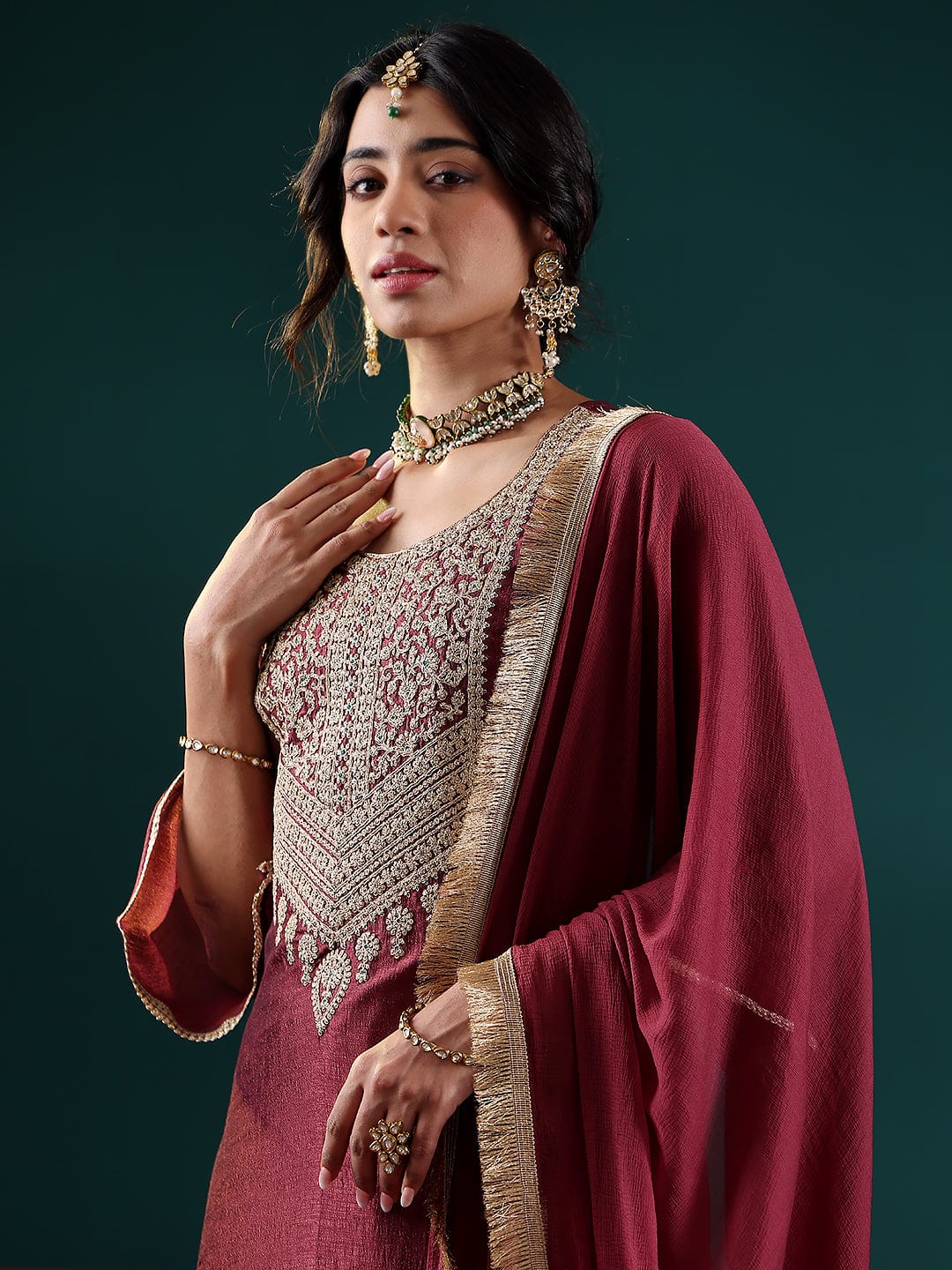 The Kurti Collection Women Burgundy Zari Embroidered Kurta With Bottom And Dupatta