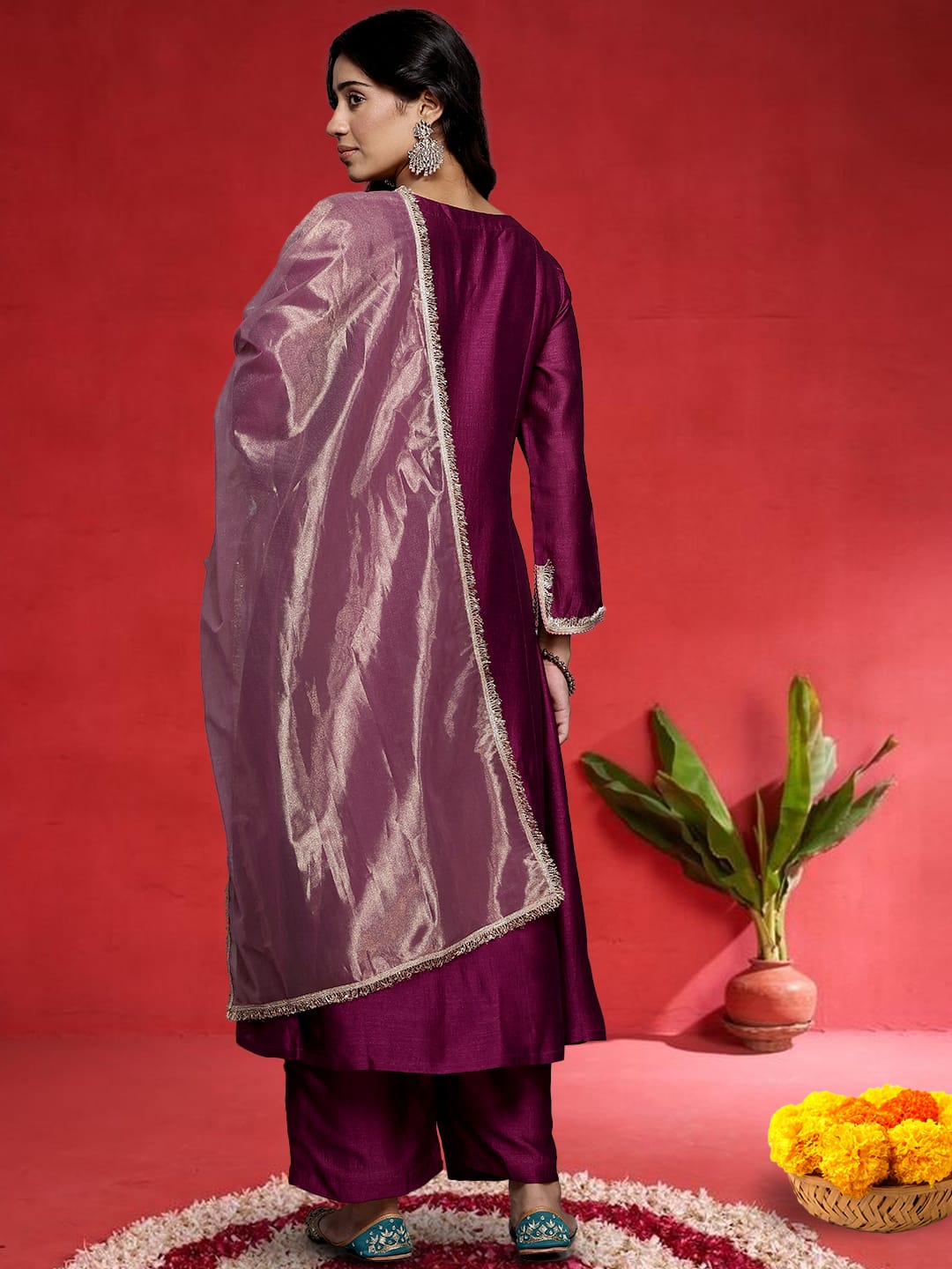 Varanga Women Wine Zari Lace Embellished Anarkali Kurta With Trousers And Tissue Dupatta.