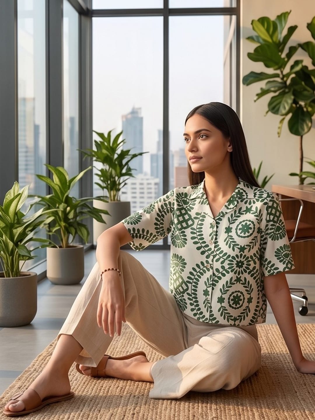 Green Coloured Short Sleeves Shirt Collar Top