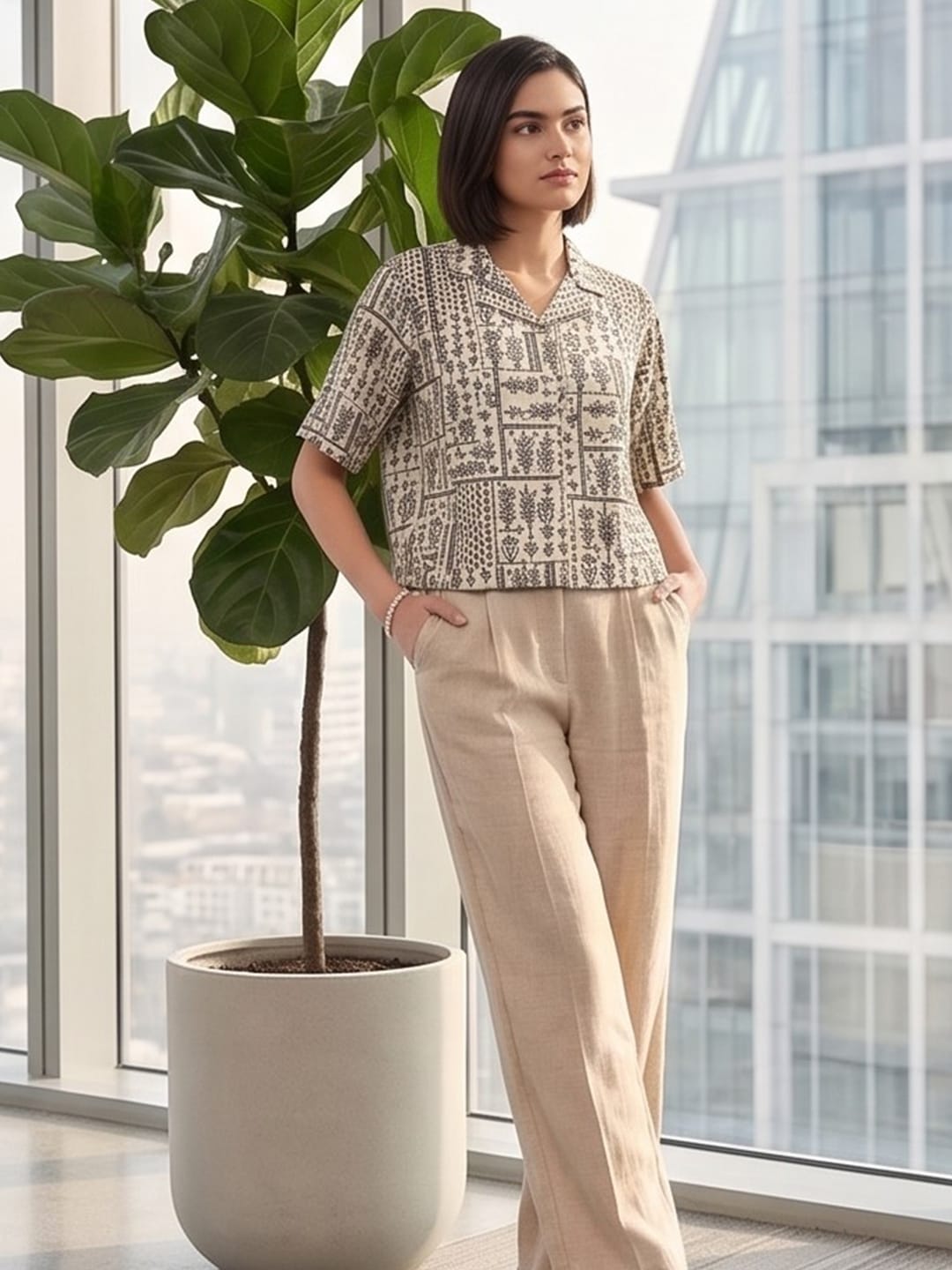 Beige Coloured Short Sleeves Shirt Collar Top