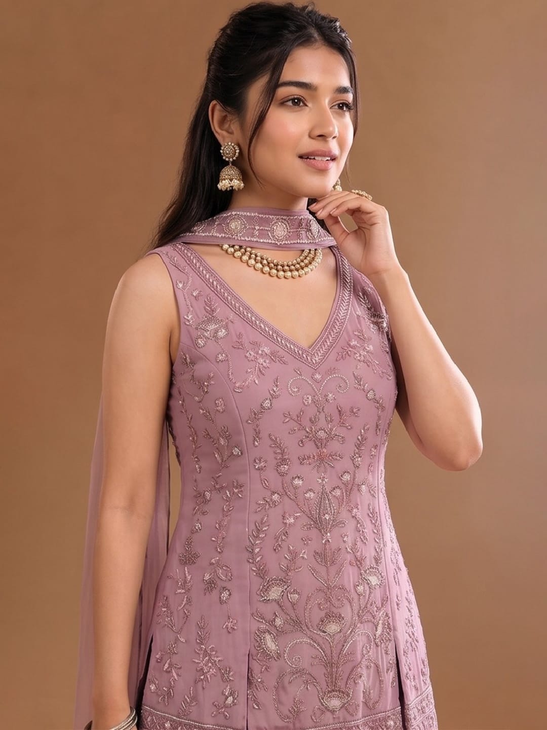 Women's Embroidered Shimmer Short Kurta With Palazzo And Dupatta