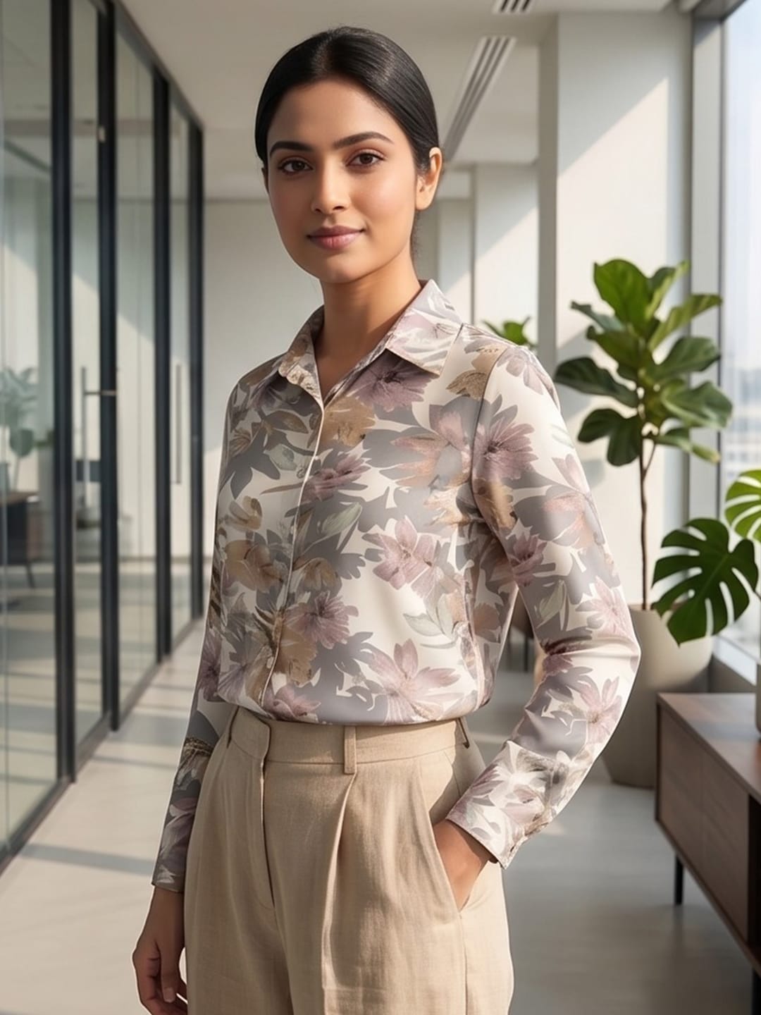 White Coloured Slim Collar Long Sleeves Floral Shirt
