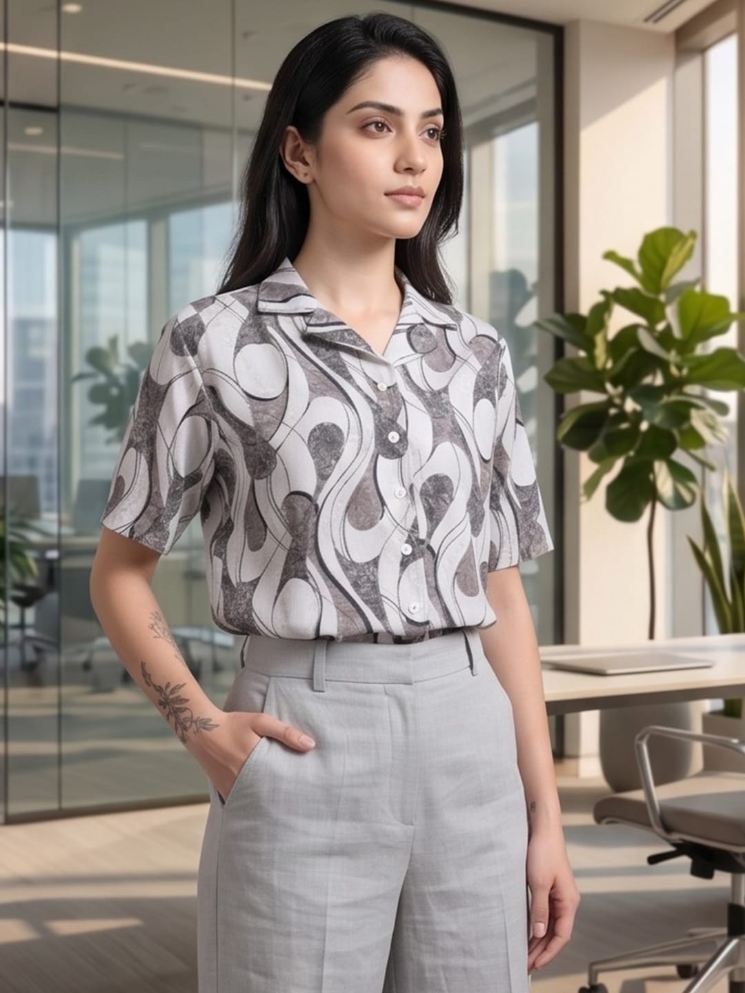 Grey Coloured Short Sleeves Shirt Collar Top