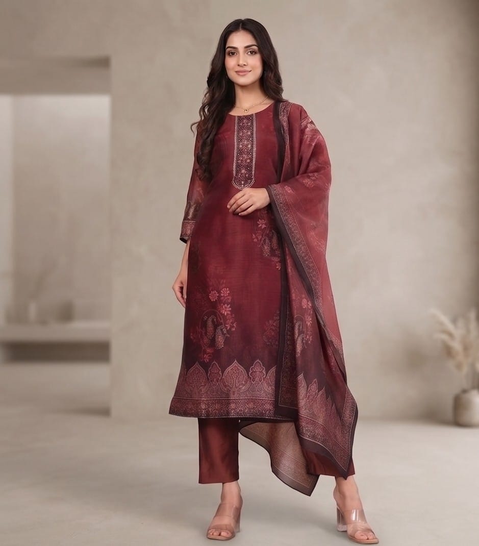 Varanga Women Maroon Floral Printed Kurta Paired With Bottom & Dupatta