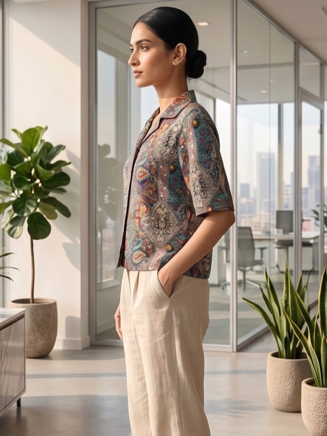 Multi Coloured Short Sleeves Shirt Collar Top