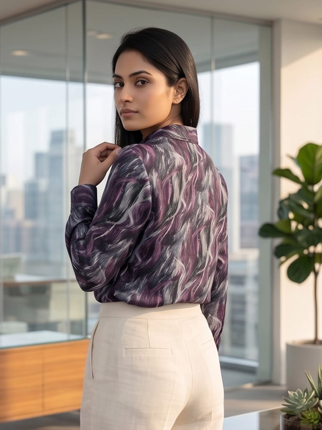 Purple Coloured Slim Collar Long Sleeves Abstract Shirt
