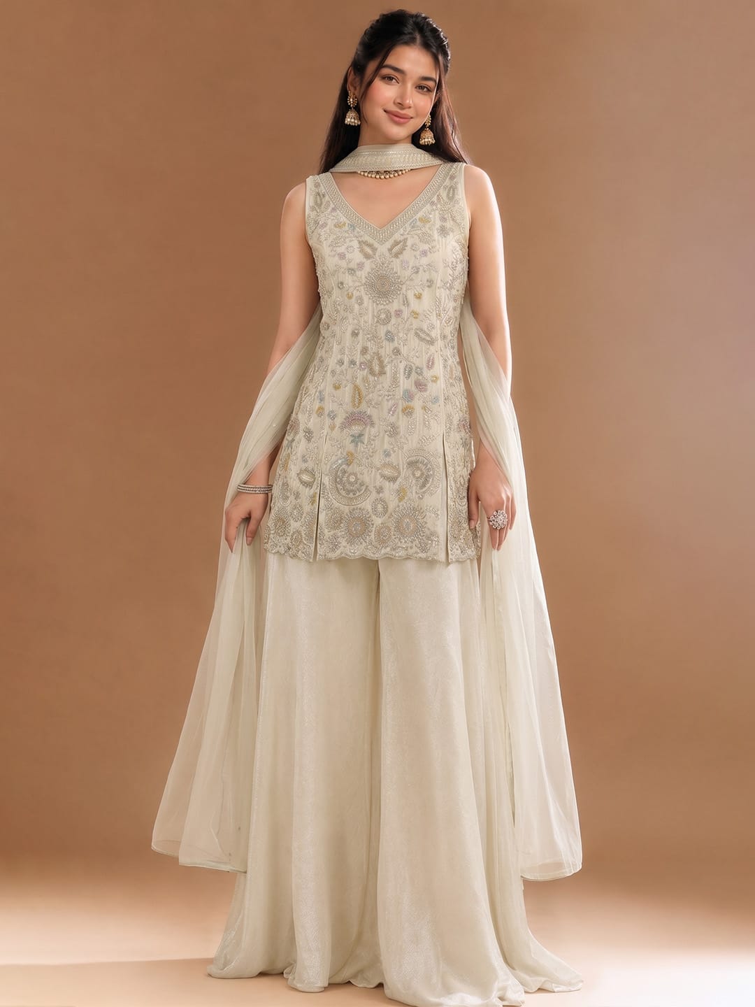 Women's Beads Embroidered Shimmer Short Kurta With Palazzo And Dupatta
