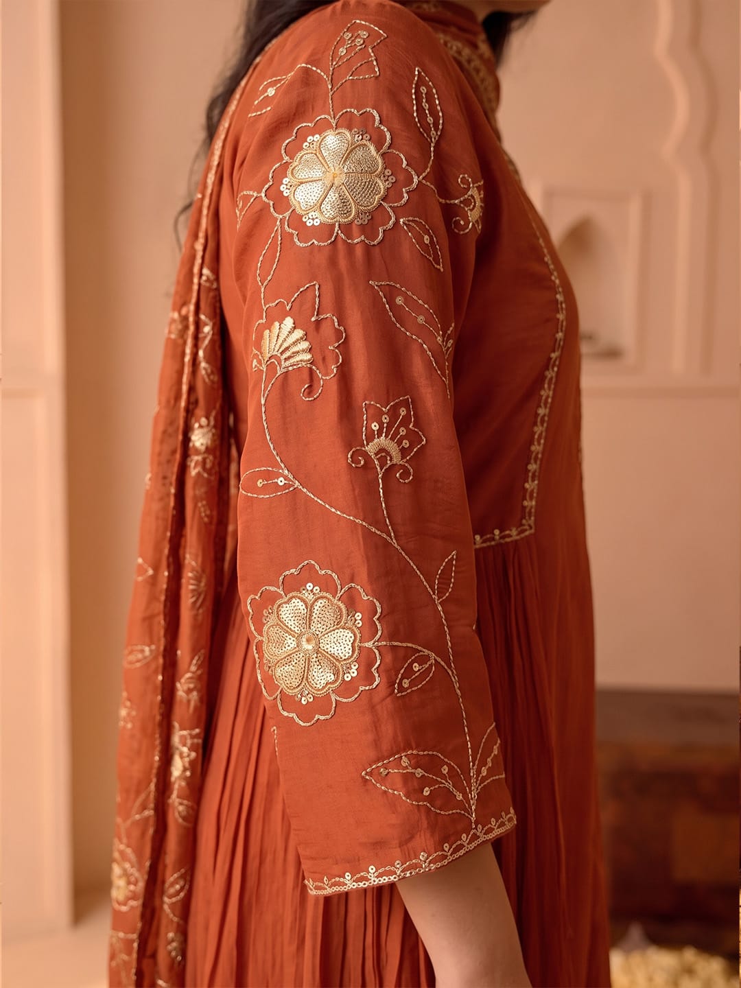 Rust Embroidered Shimmer Kurta Set With Embroidered Dupatta