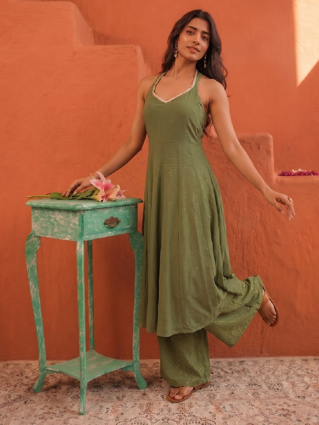Olive Green Foil-Dot Anarkali Co-Ord Set