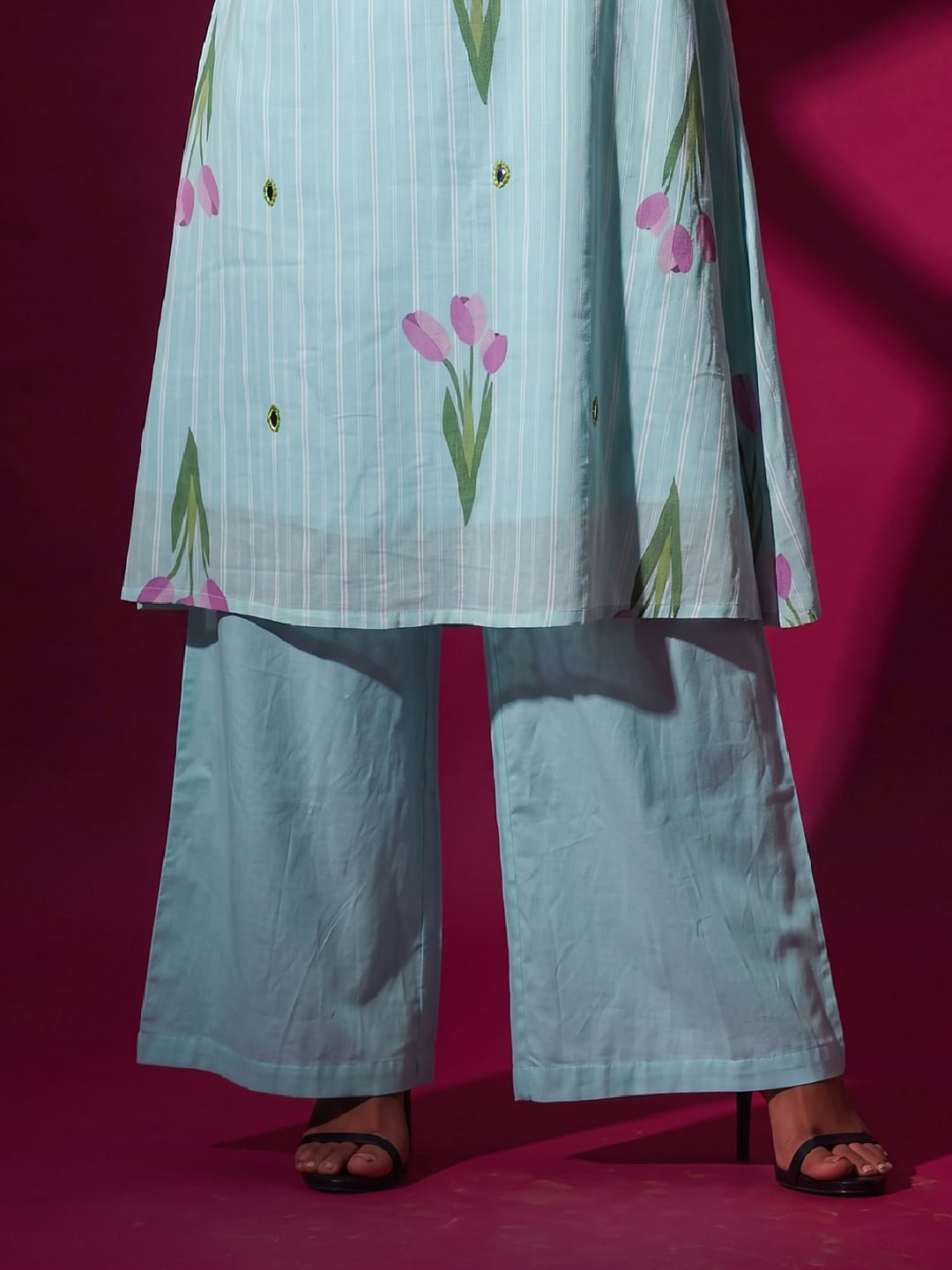 Sky Blue Tulip Print Halter Neck Kurta Set With Wide-Leg Trousers