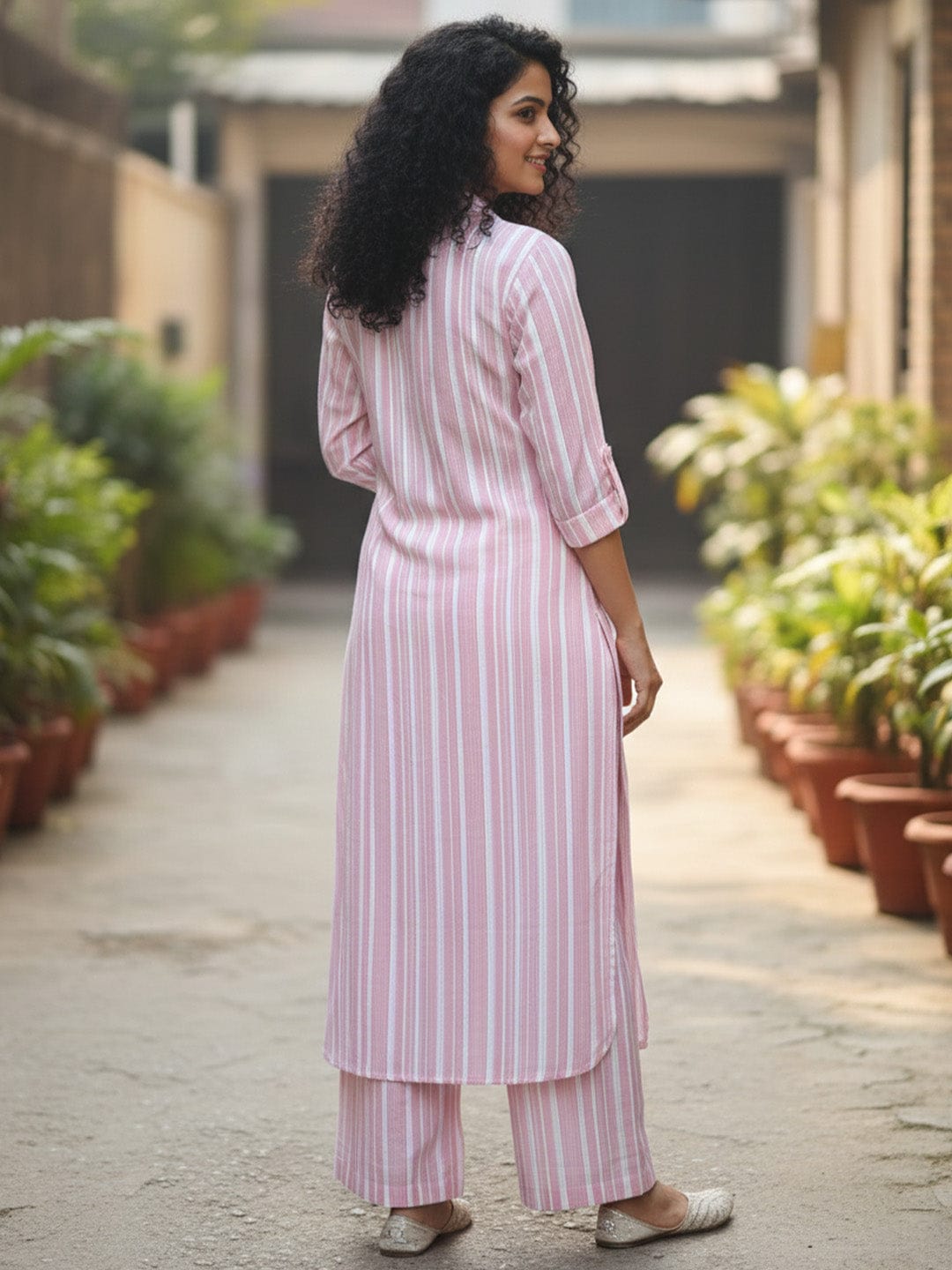 Straight Fit pink Striped cord Set