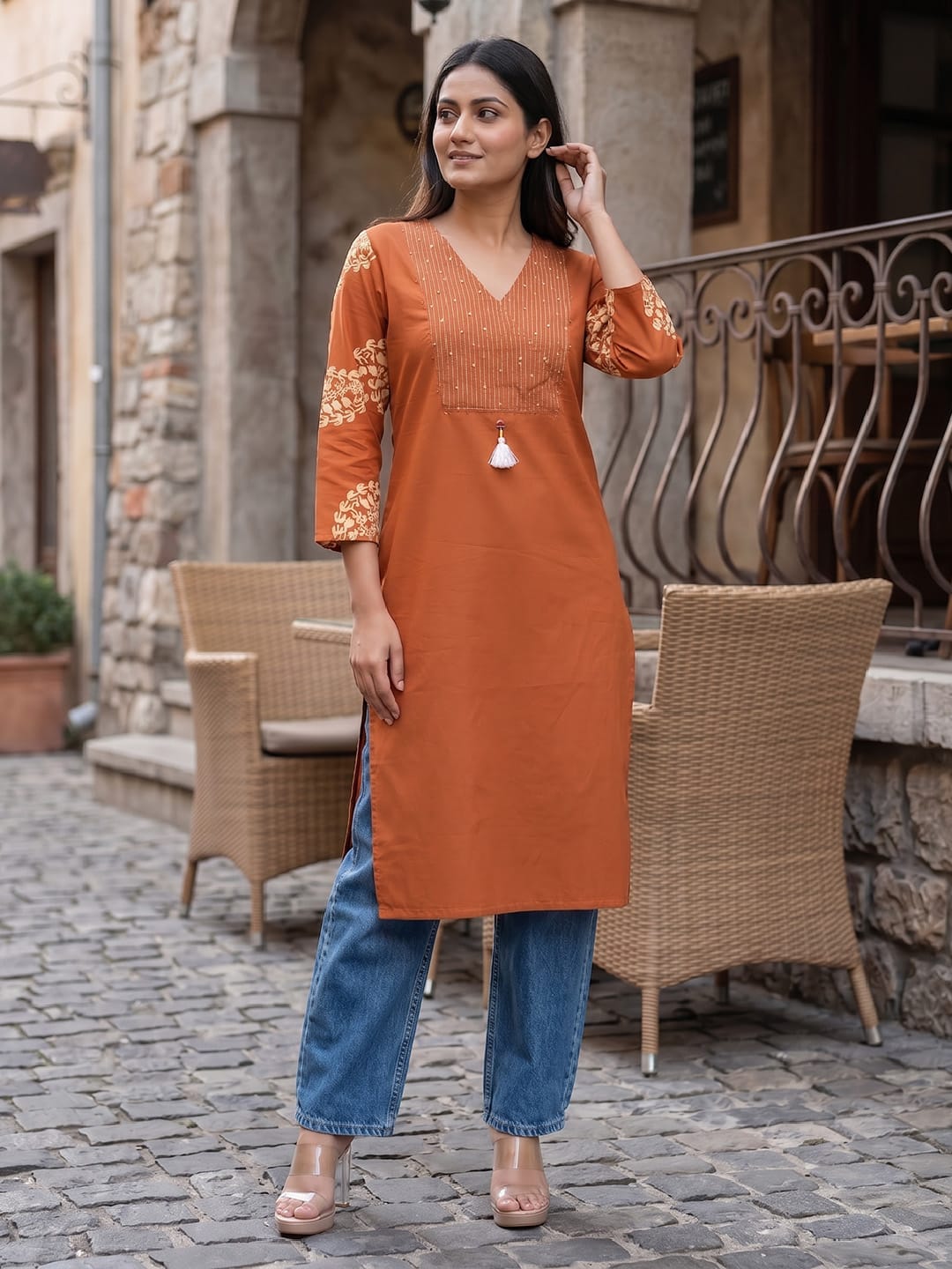 Rust Straight Kurta with Embroidered Yoke